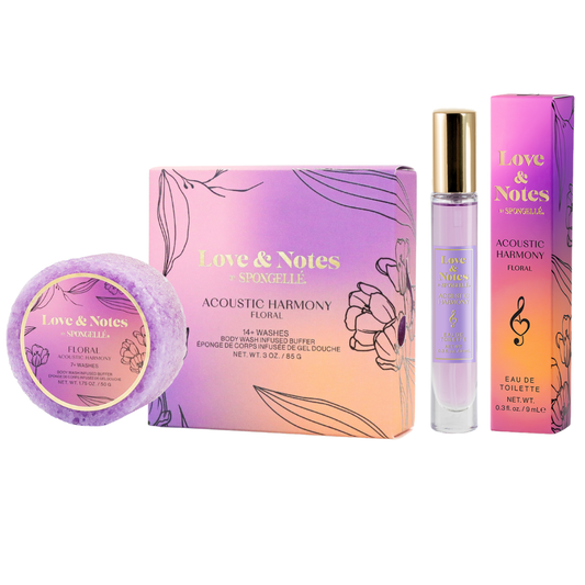 Bath and body set with purple sponge, shower gel box, and mini eau de toilette bottle