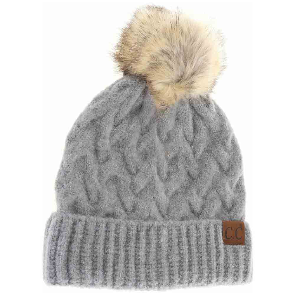 Chunky cable knit beanie with faux fur pom-pom, light grey, ribbed cuff and C.C. patch