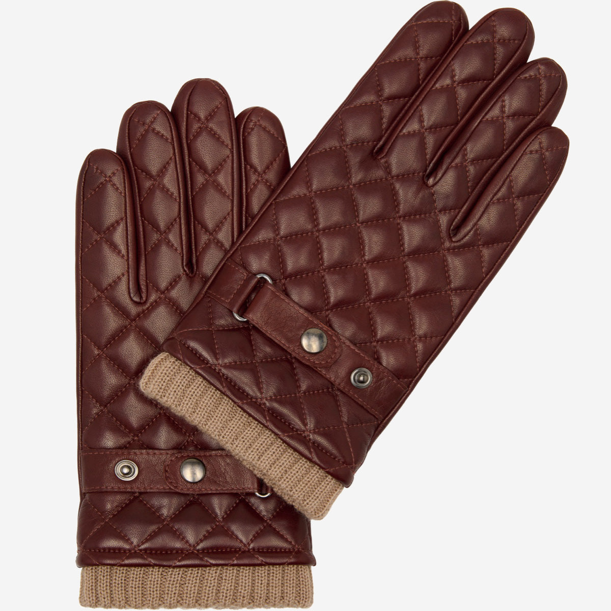 Brown Italian lambskin leather gloves with diamond quilt pattern and snap wrist strap