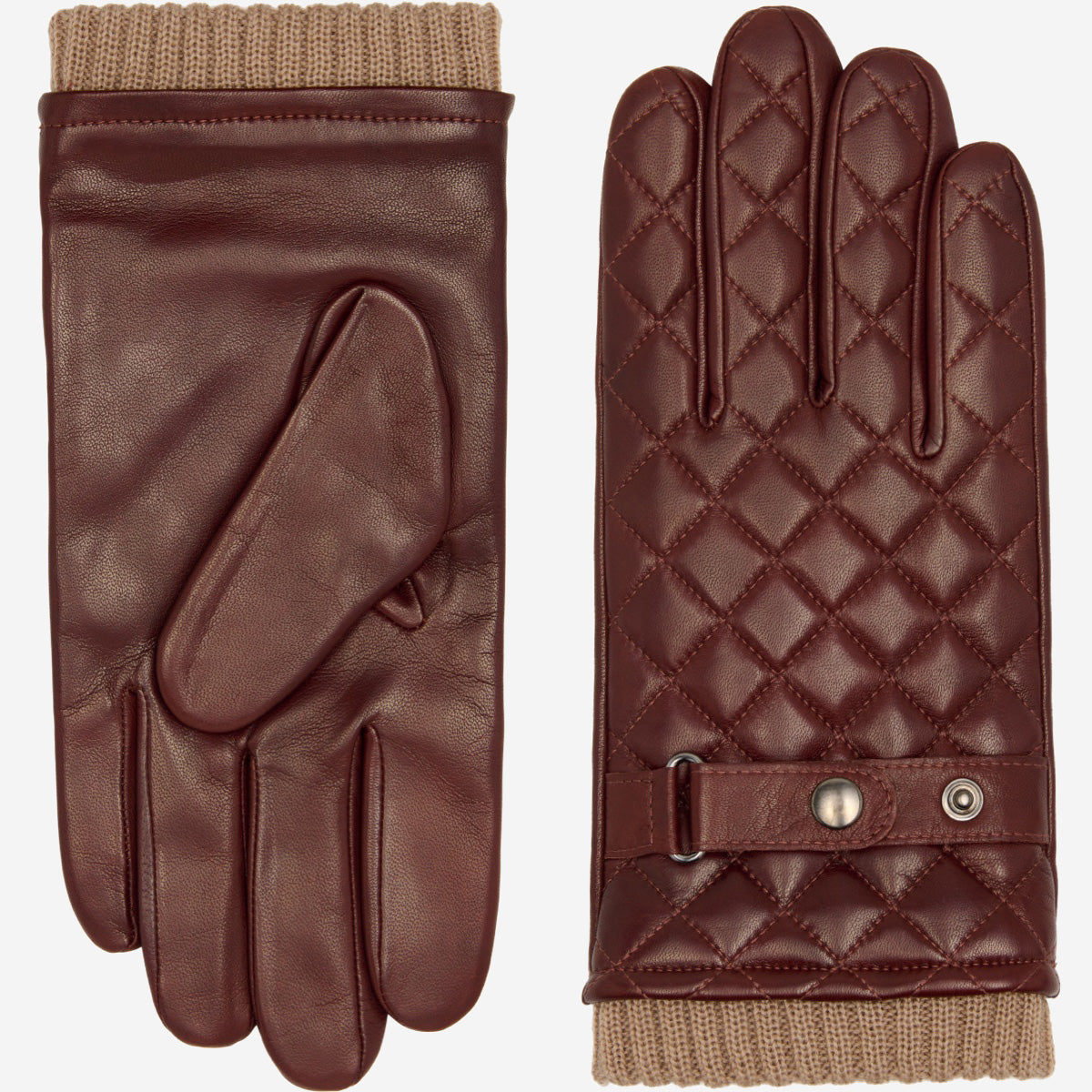 Brown leather gloves with diamond quilt pattern, snap wrist strap, and knit cuff