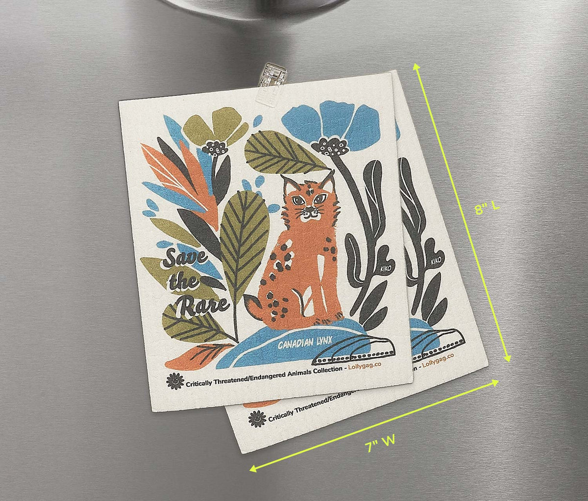 Swedish dishcloth with Canadian lynx illustration, “Save the Rare” text