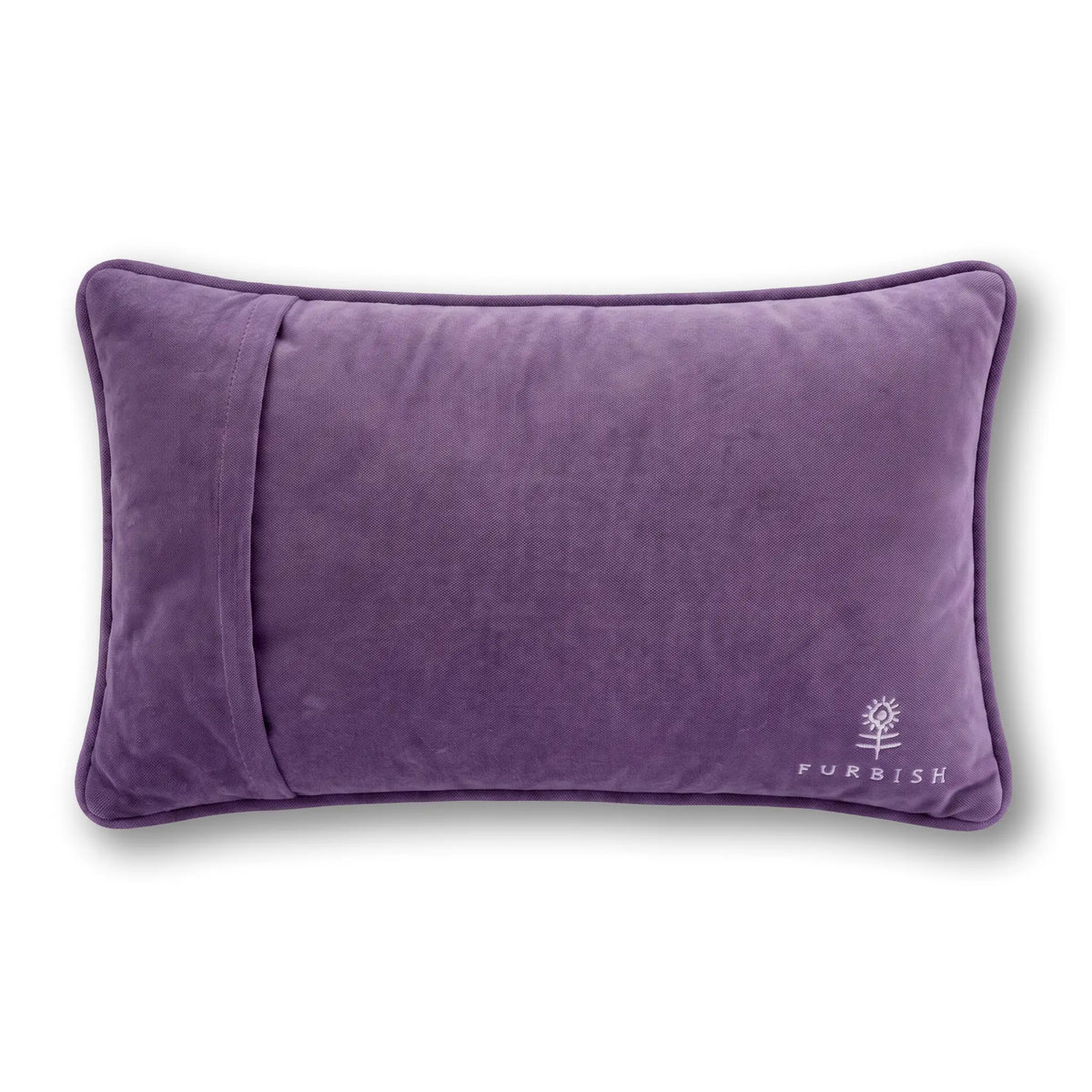 Purple velvet lumbar pillow with embroidered FURRISH logo and piped edges