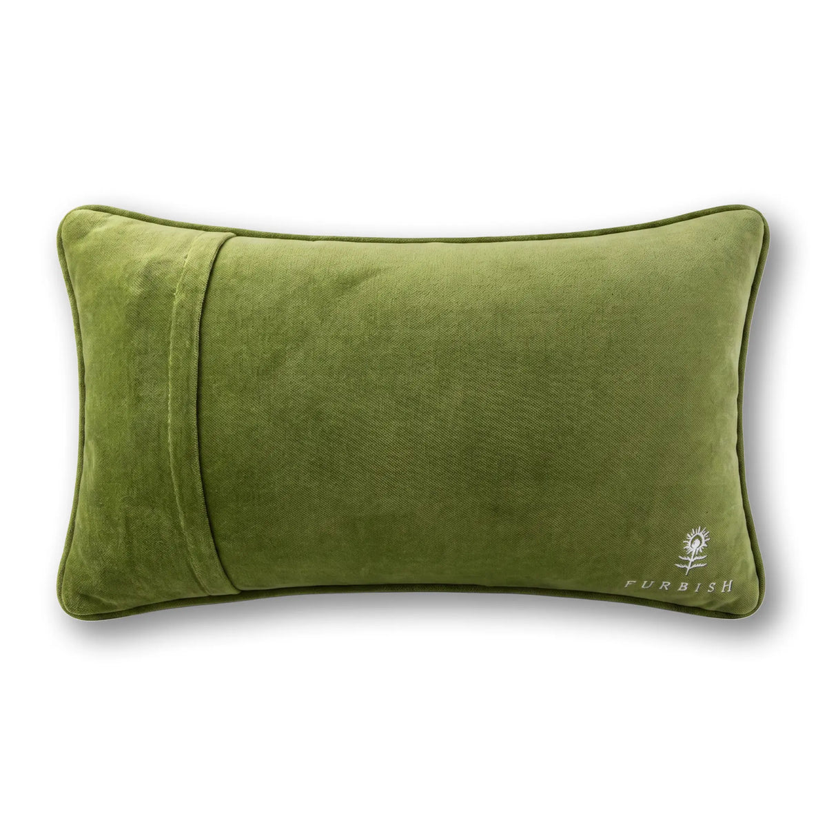 Olive green pillow with small FURBISH logo near the right corner seam