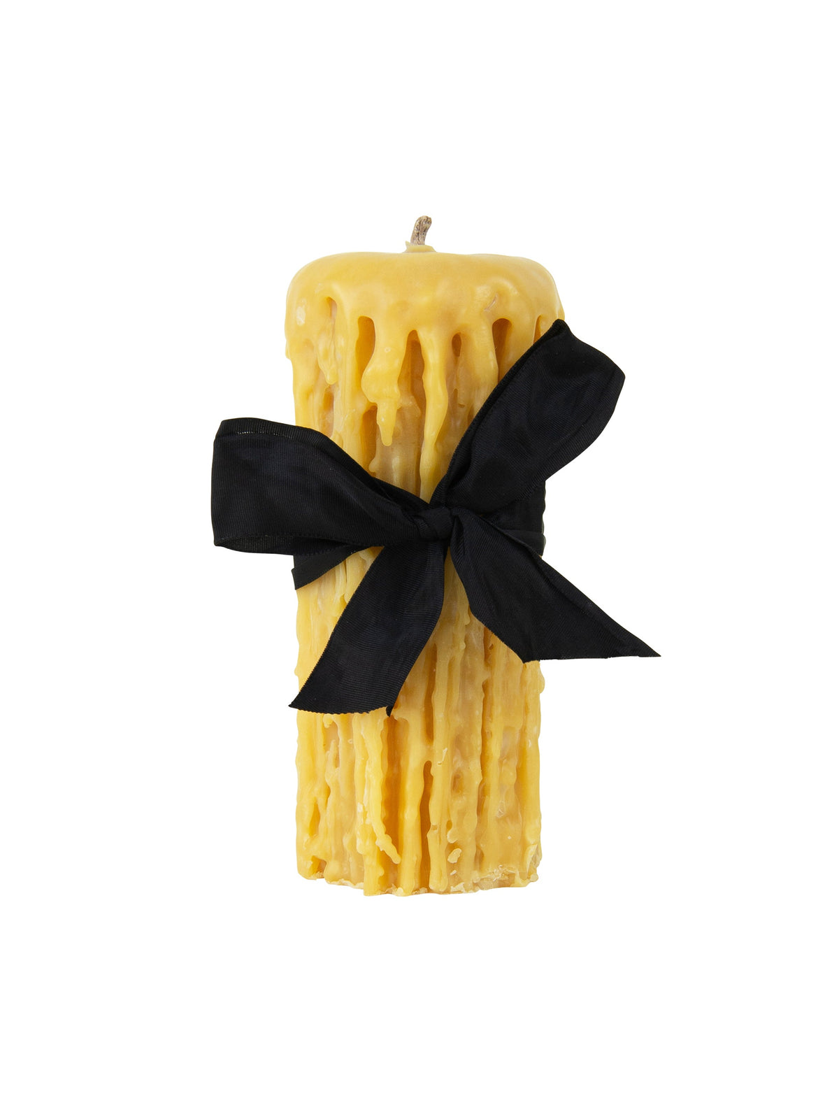 Gold beeswax drip pillar candle with large black bow