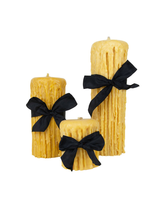 Beeswax drip pillar candles set of 3, golden color, tied with black bows