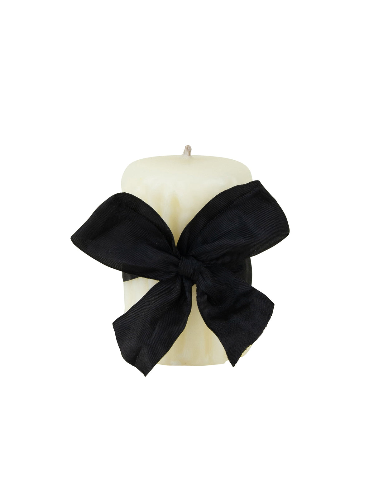 Ivory beeswax drip pillar candle, black bow on front