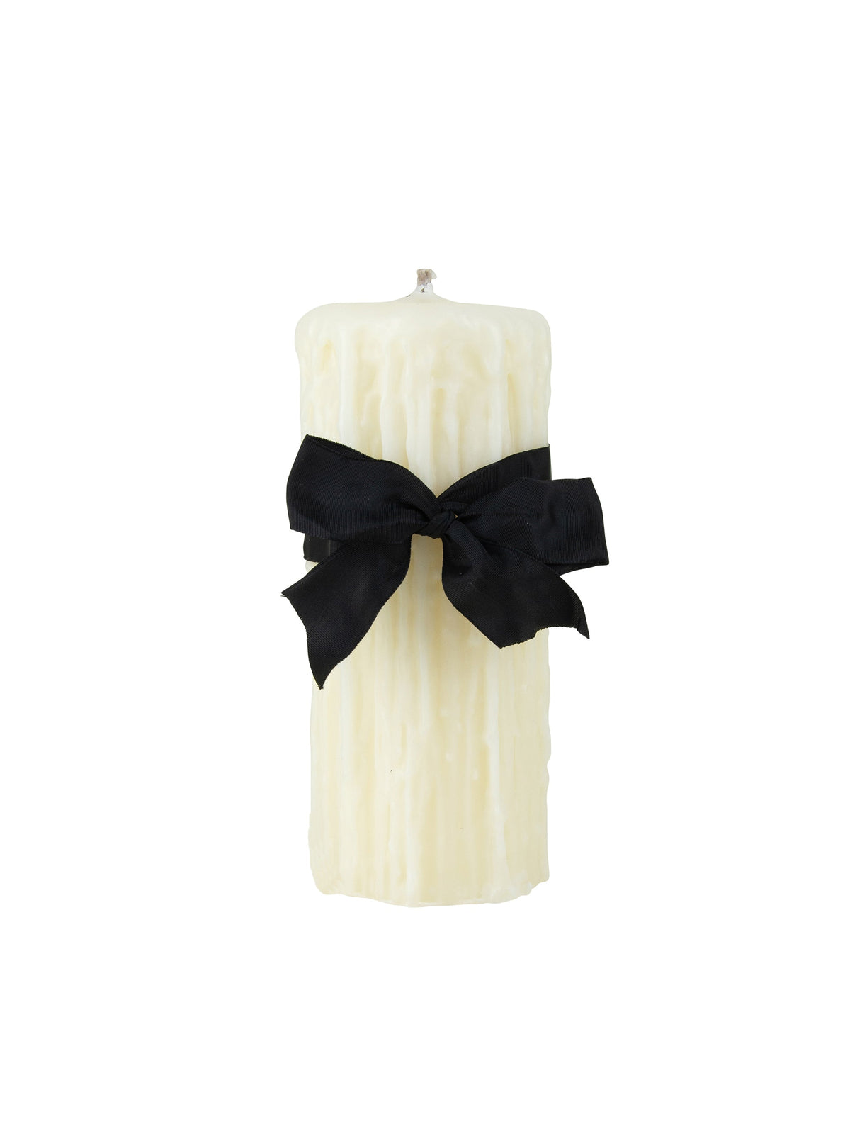 Beeswax drip pillar candle, ivory color, with black ribbon bow at center