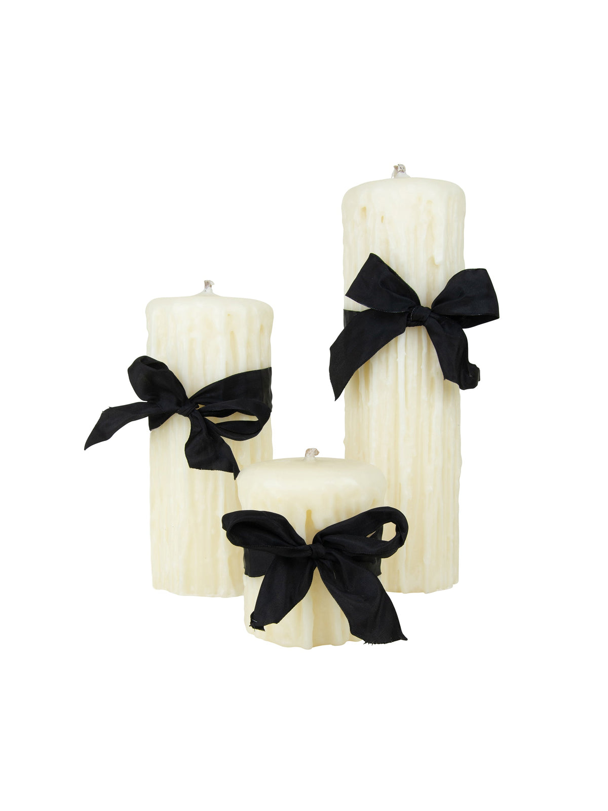 Beeswax drip pillar candles set of 3, ivory color, tied with black bows