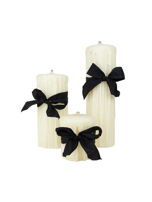 Beeswax drip pillar candles set of 3, ivory color, tied with black bows