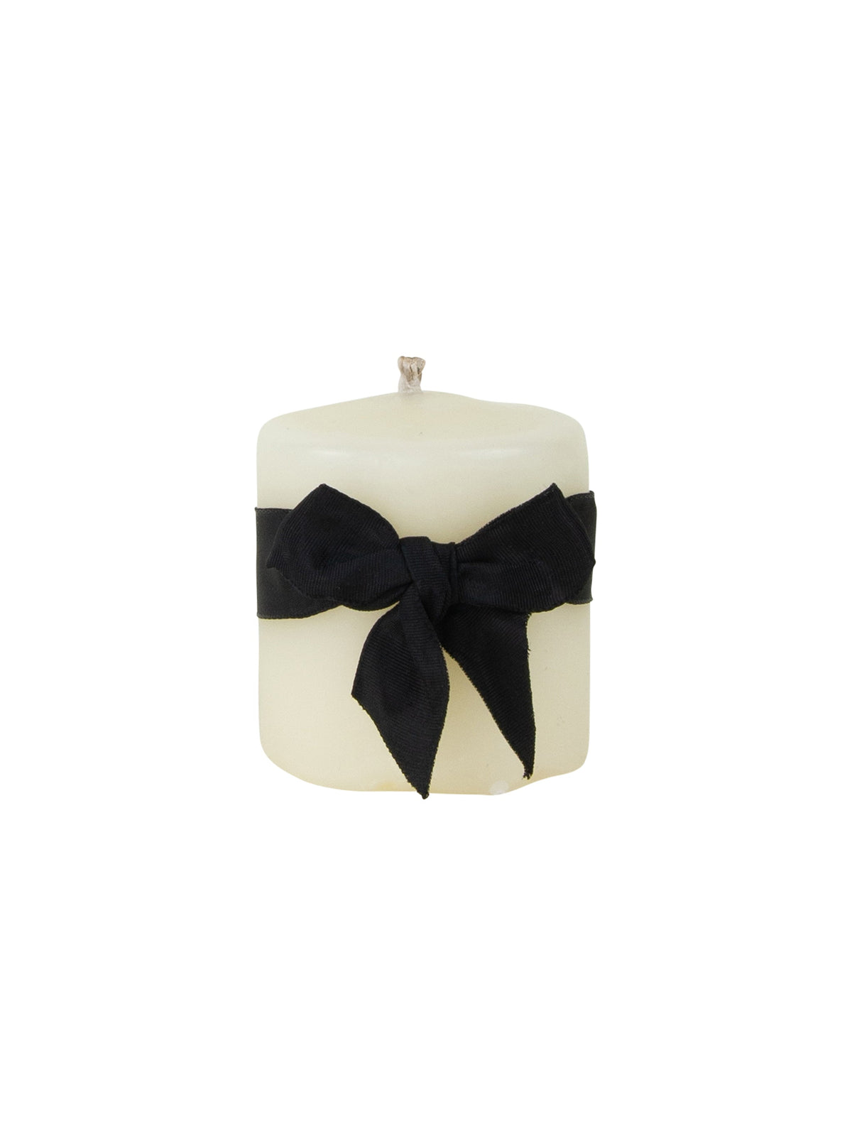 Ivory beeswax pillar candle with black bow wrap, 3-inch diameter