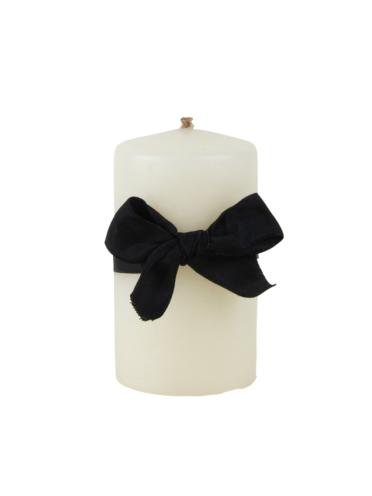 Ivory beeswax pillar candle with centered black bow, 3-inch diameter