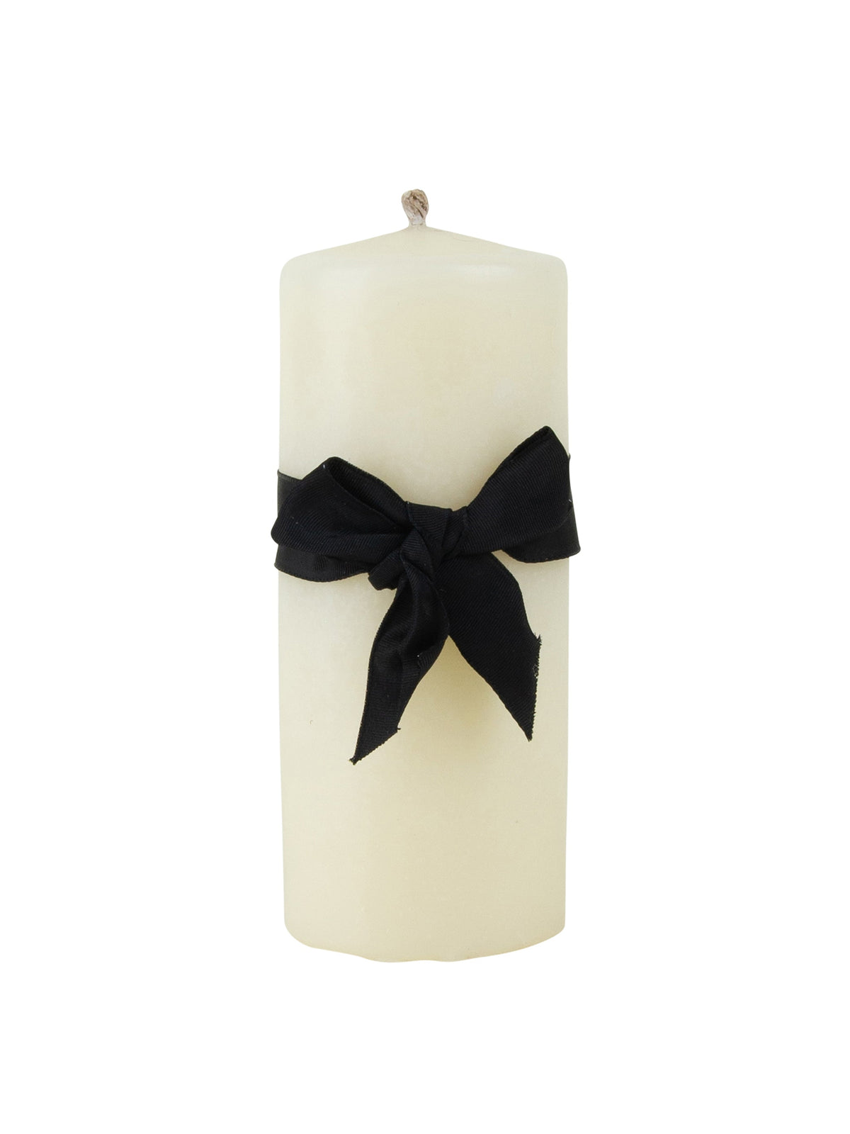 Ivory beeswax pillar candle with black bow at midsection, 3-inch diameter