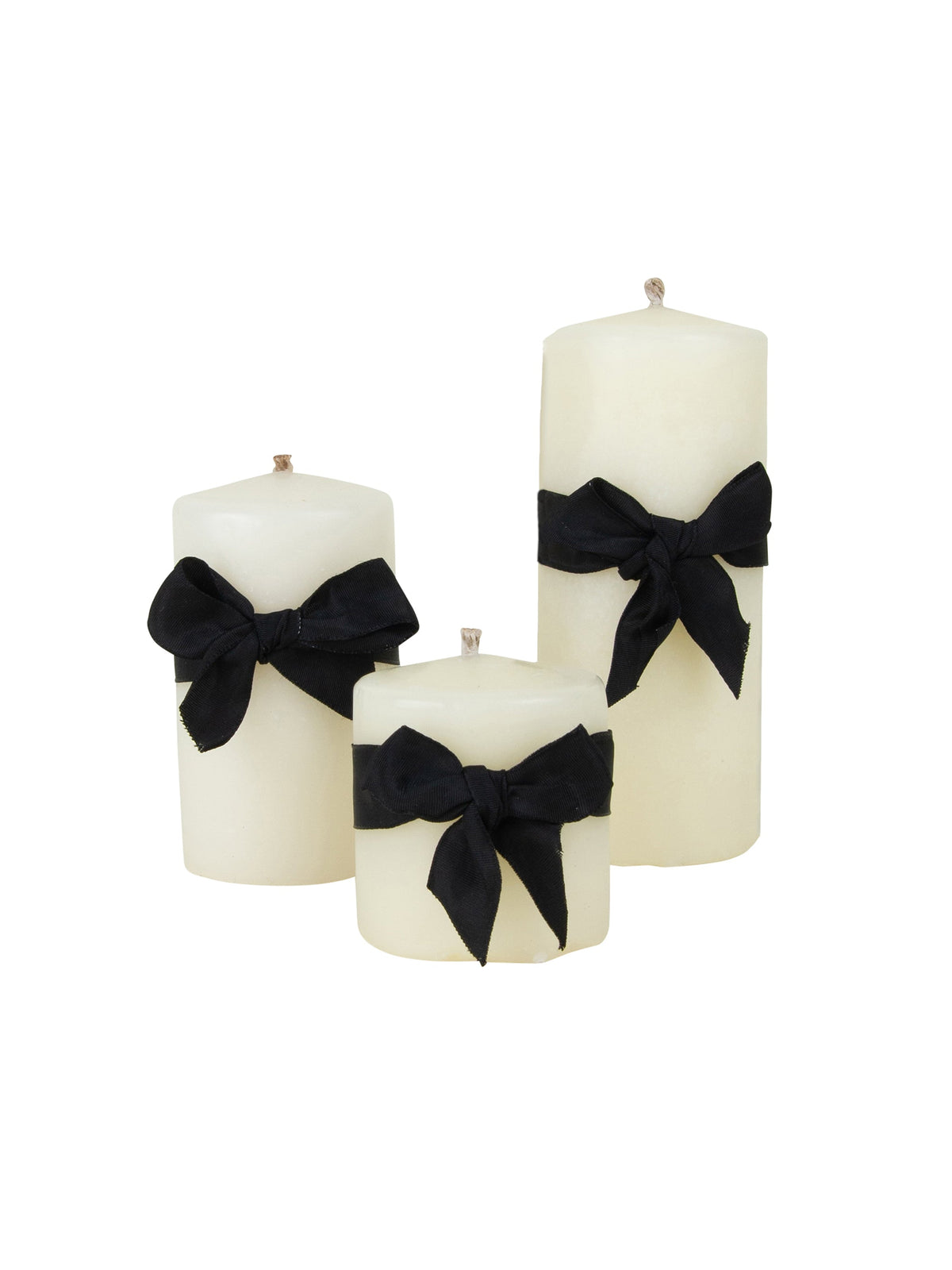 Ivory beeswax pillar candles set with black satin bow, 3-inch diameter