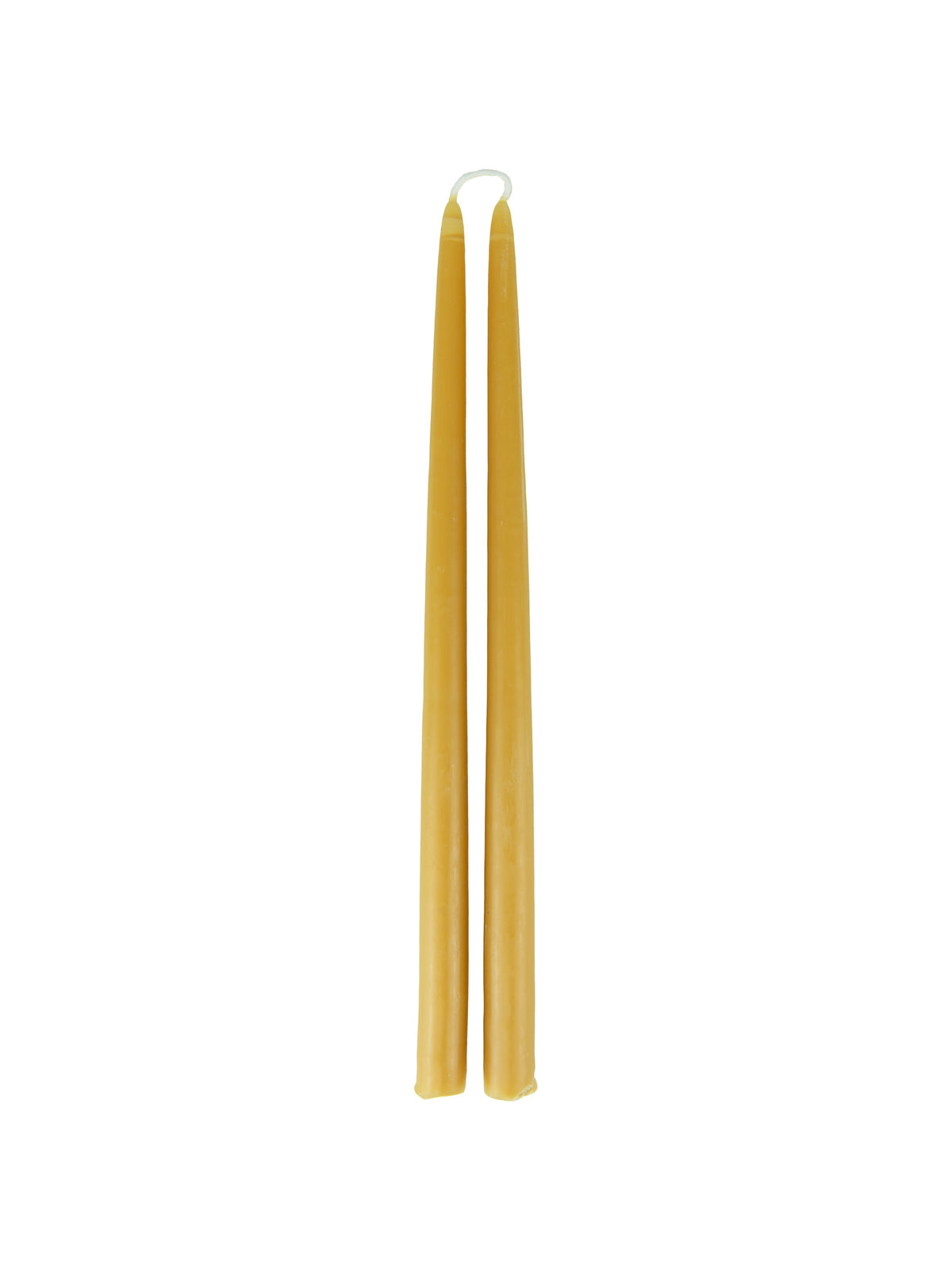Pair of gold beeswax taper candles with white wicks, straight sides