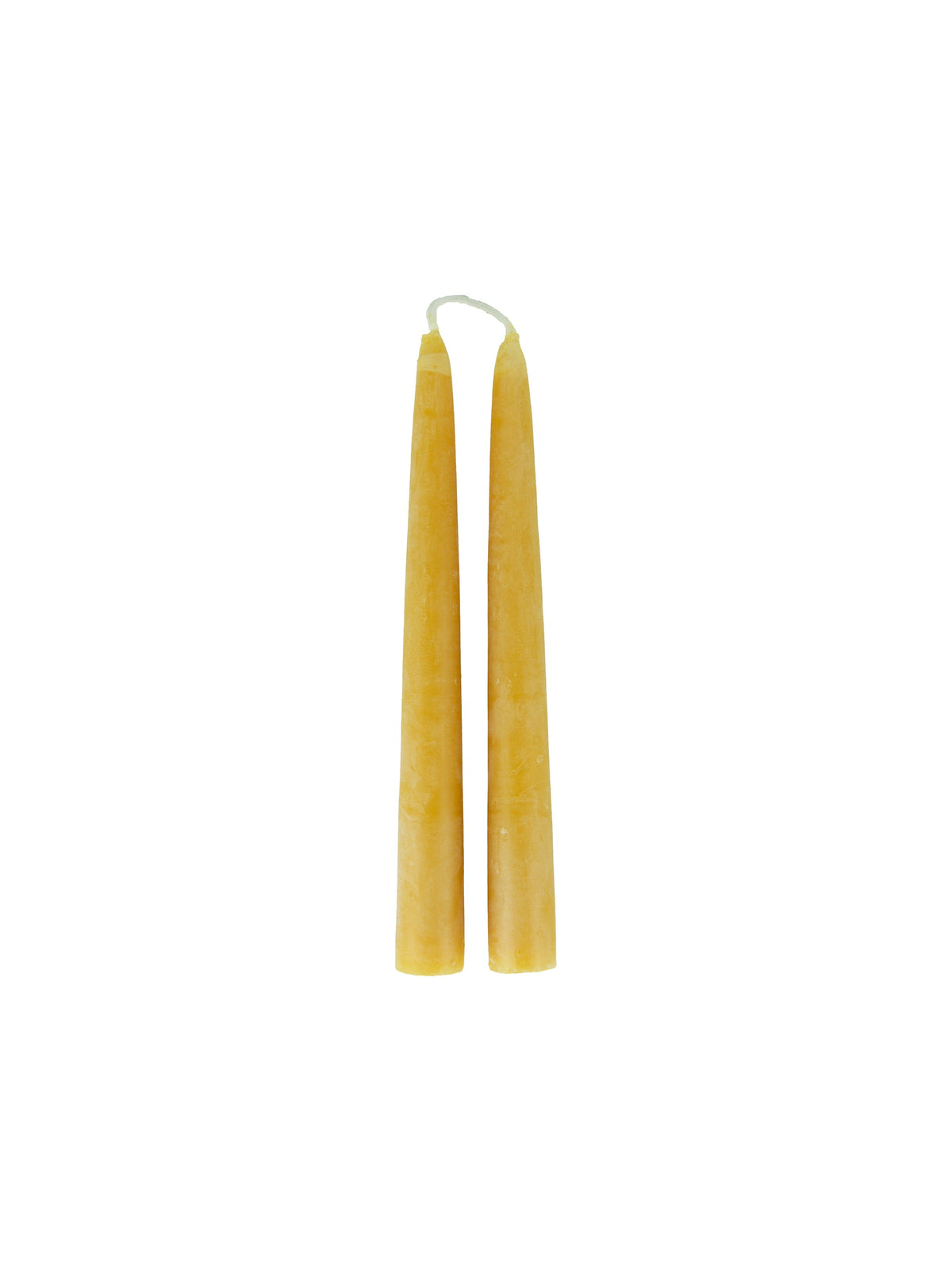 Pair of gold beeswax taper candles with white wicks, tapered shape
