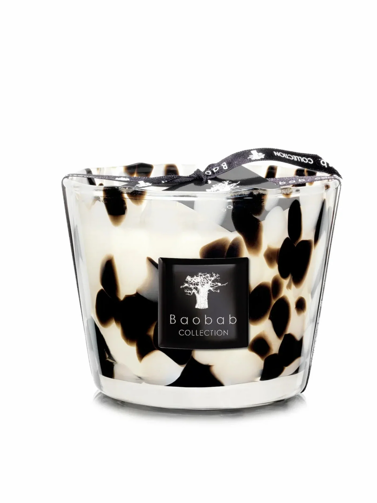 Baobab Black Pearls candle in leopard-print glass with black ribbon around top