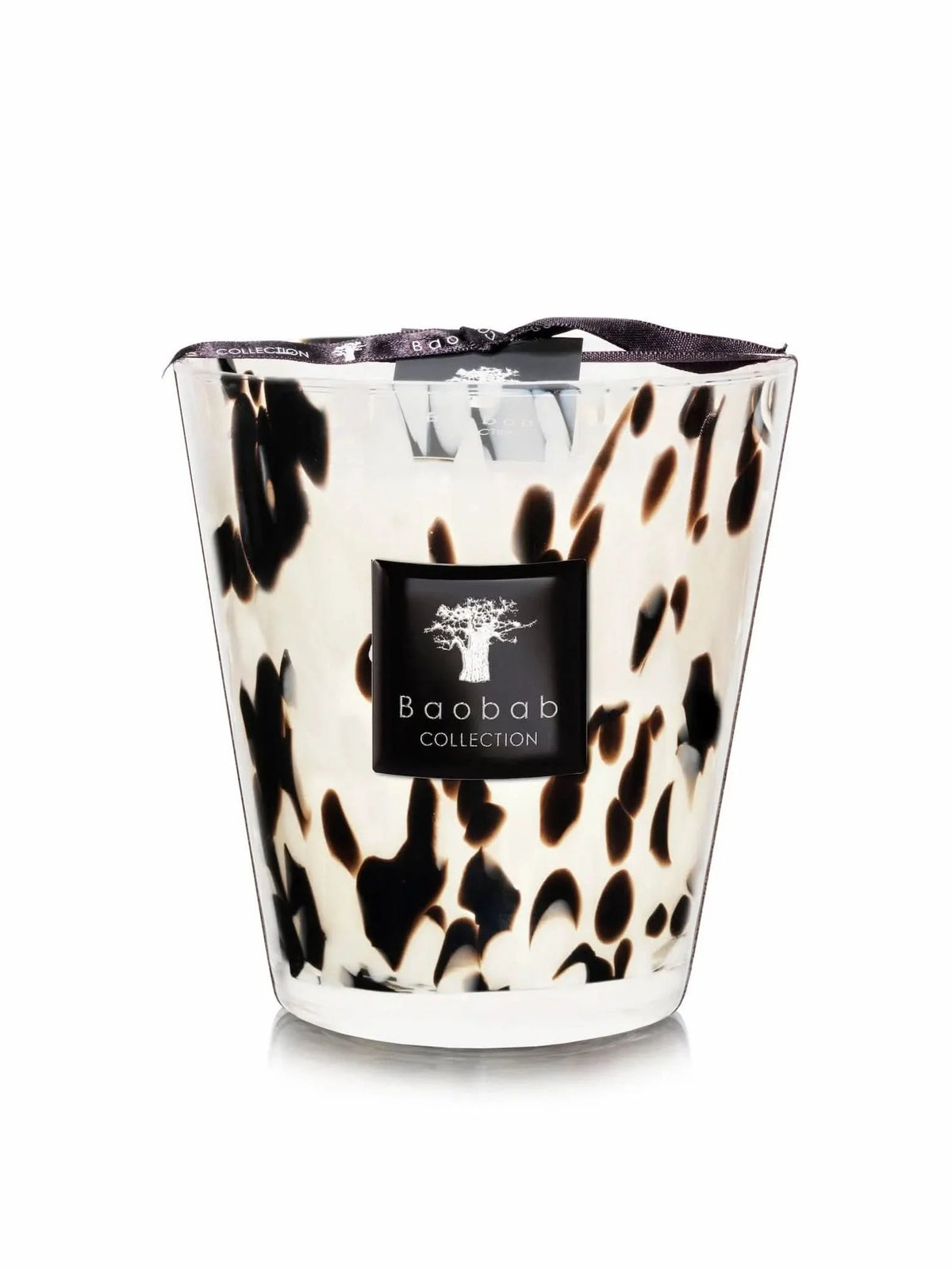 Baobab Black Pearls candle in leopard-print glass with black ribbon and label