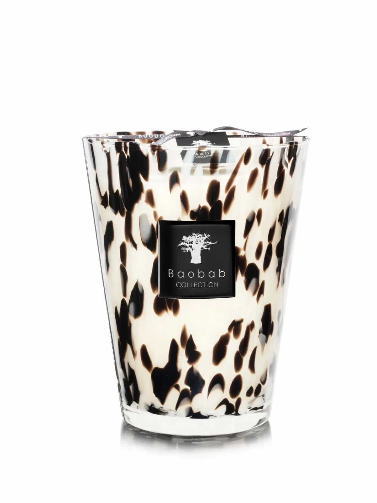 Baobab Black Pearls candle in clear leopard-print glass with centered black label