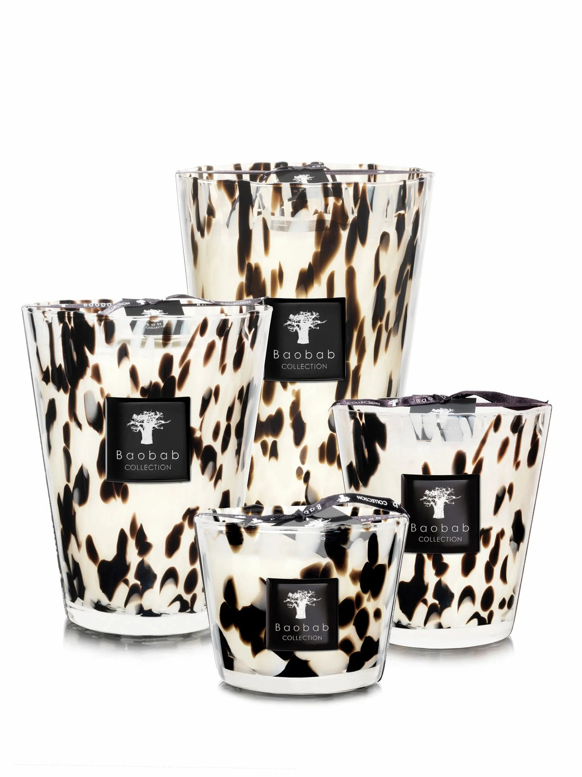 Baobab Black Pearls scented candle set of 5 with leopard-print glass holders