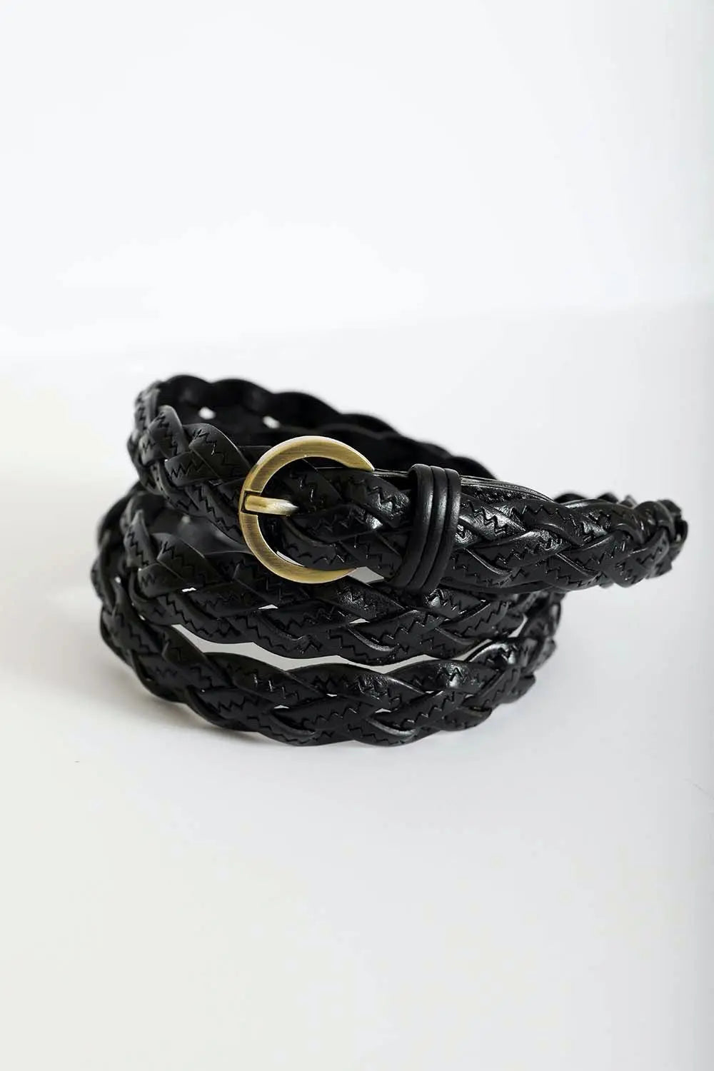 Black braided leather belt with gold round buckle and embossed zigzag pattern