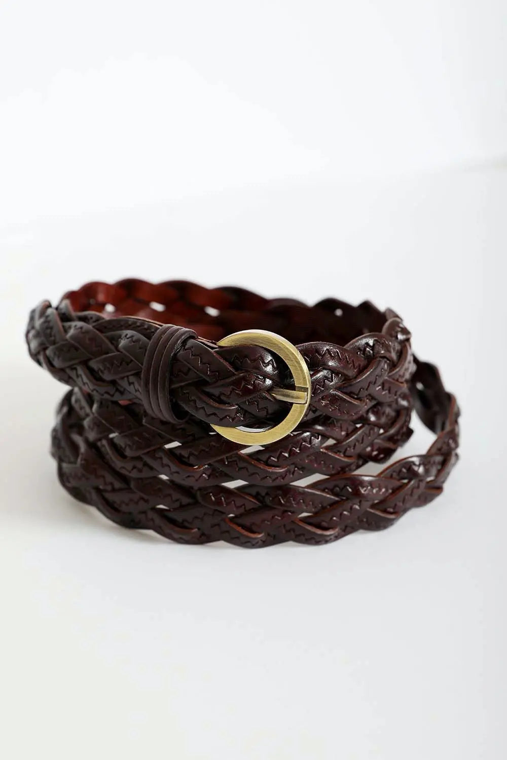 Dark brown braided leather belt with gold round buckle and woven detail