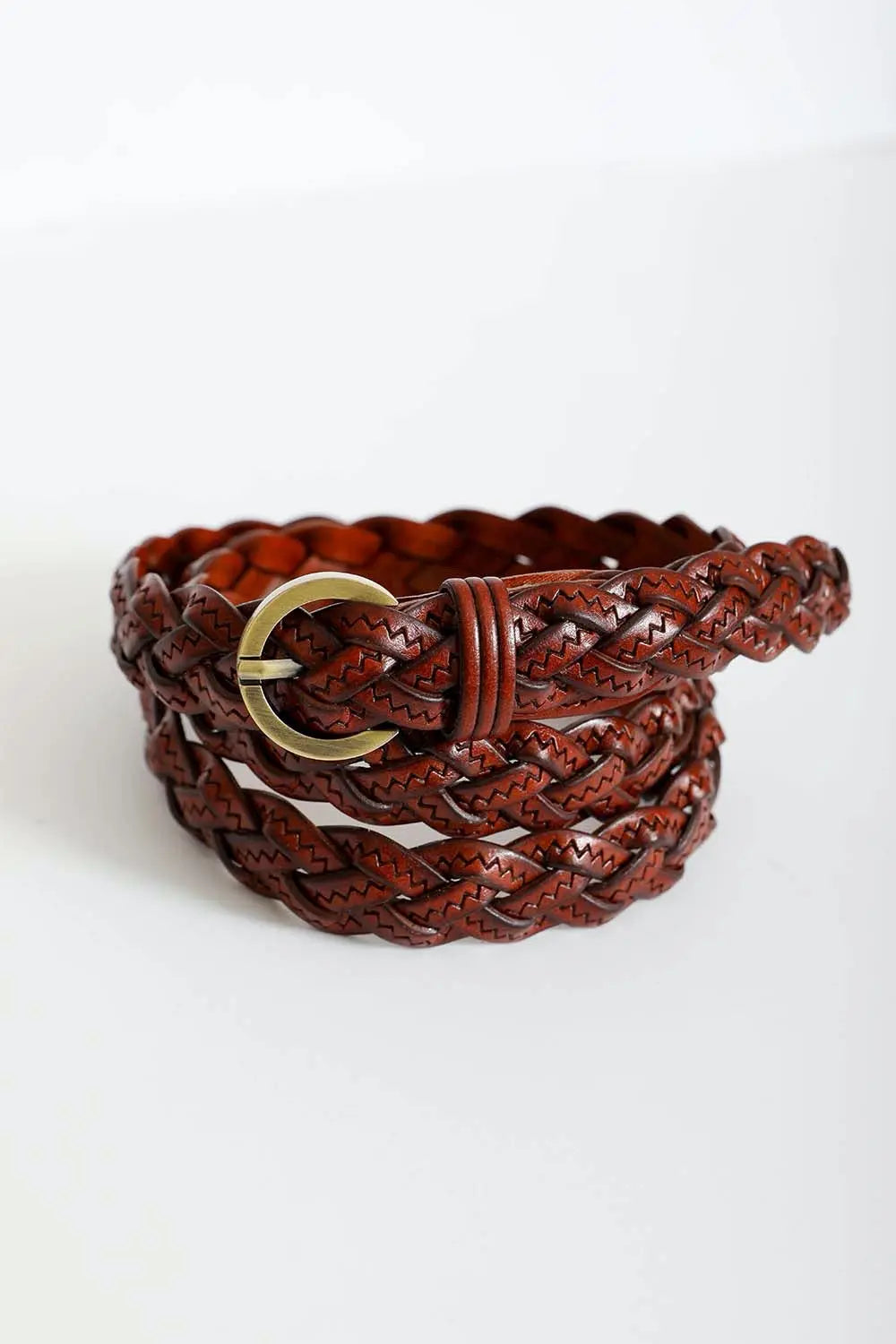 Dark brown braided leather belt with gold round buckle and textured weave