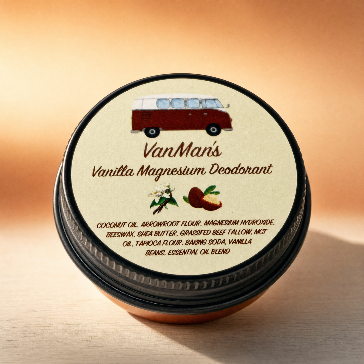 Round deodorant tin lid labeled “Vanilla Magnesium Deodorant”