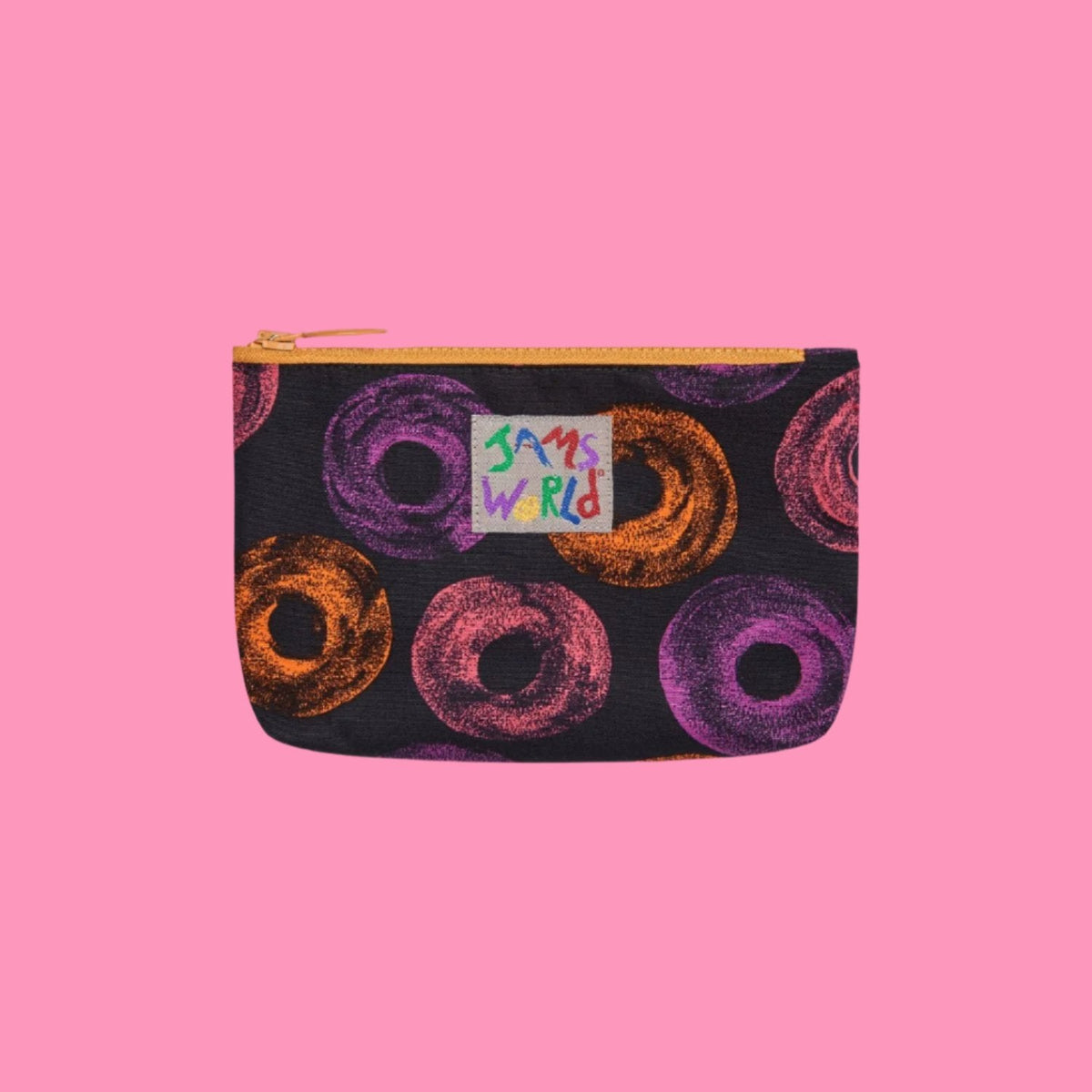 Neon donut patterned zip pouch with lining and gold zipper, side angle