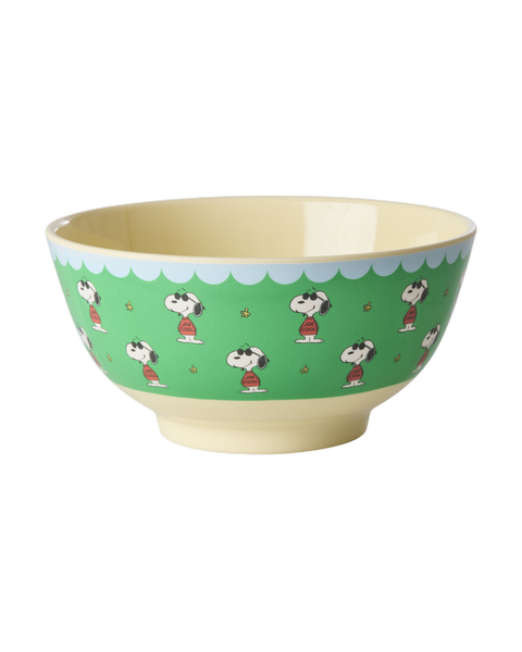 Green medium bowl with Snoopy Peanuts dog pattern, wide rim