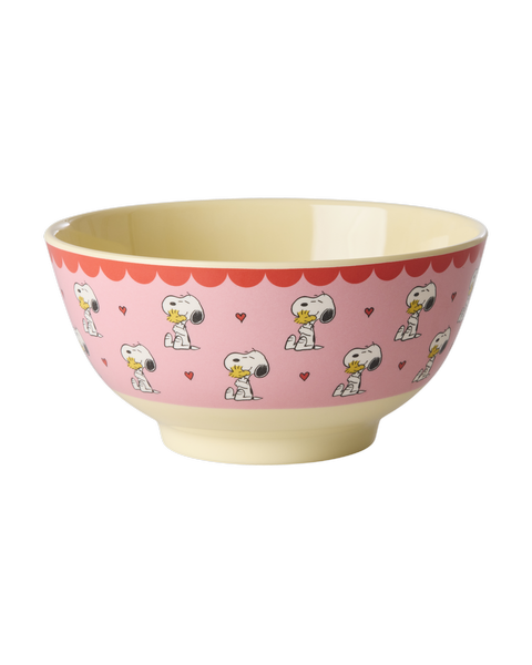 Medium pink bowl with Snoopy-style character print and scalloped rim