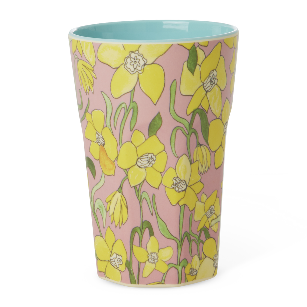 Tall melamine cup with yellow daffodil floral print, teal rim, 13.5oz capacity