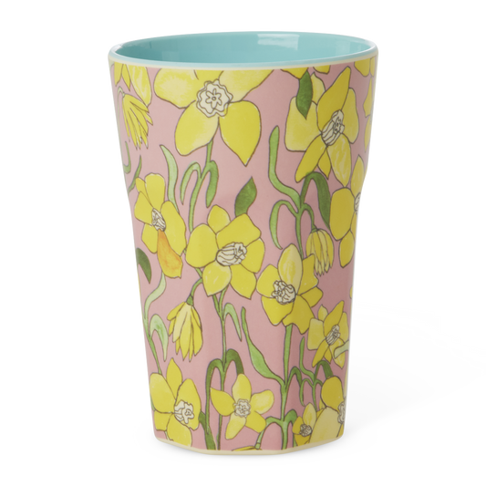 Tall melamine cup with yellow daffodil floral print, teal rim, 13.5oz capacity