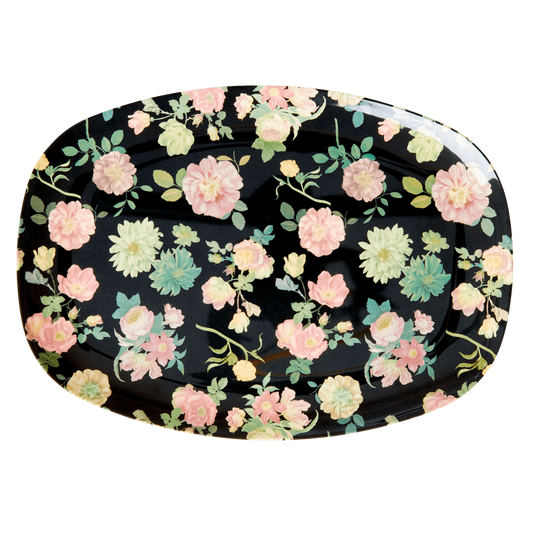 Rectangular melamine plate with dark floral rose print