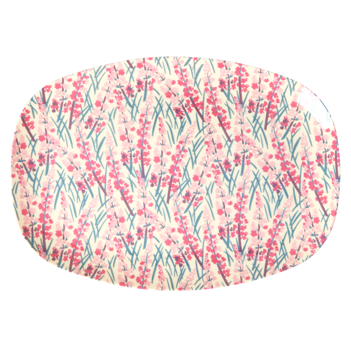 Medium rectangular melamine plate with pink floral field pattern