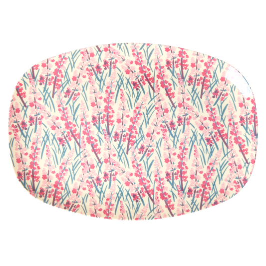 Medium rectangular melamine plate with pink floral field pattern