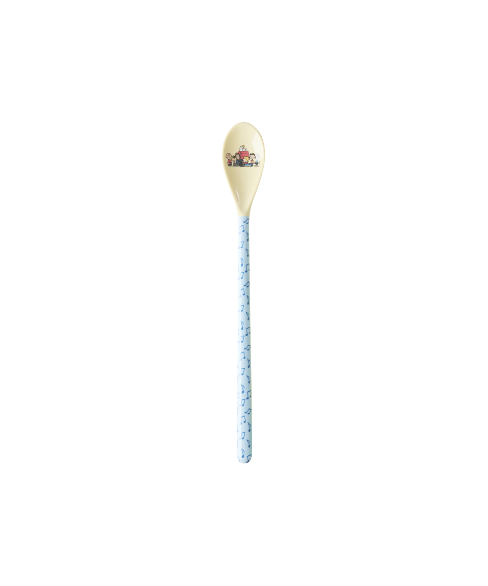 Single Snoopy melamine latte spoon with blue patterned shaft and cream head
