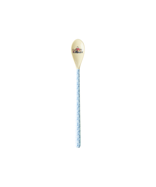 Single Snoopy melamine latte spoon with blue patterned shaft and cream head