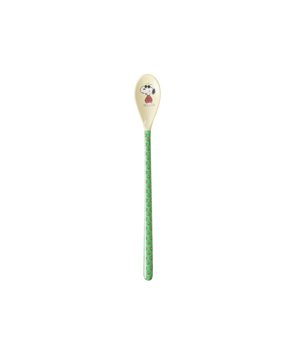Single Snoopy melamine latte spoon with green patterned shaft and cream head