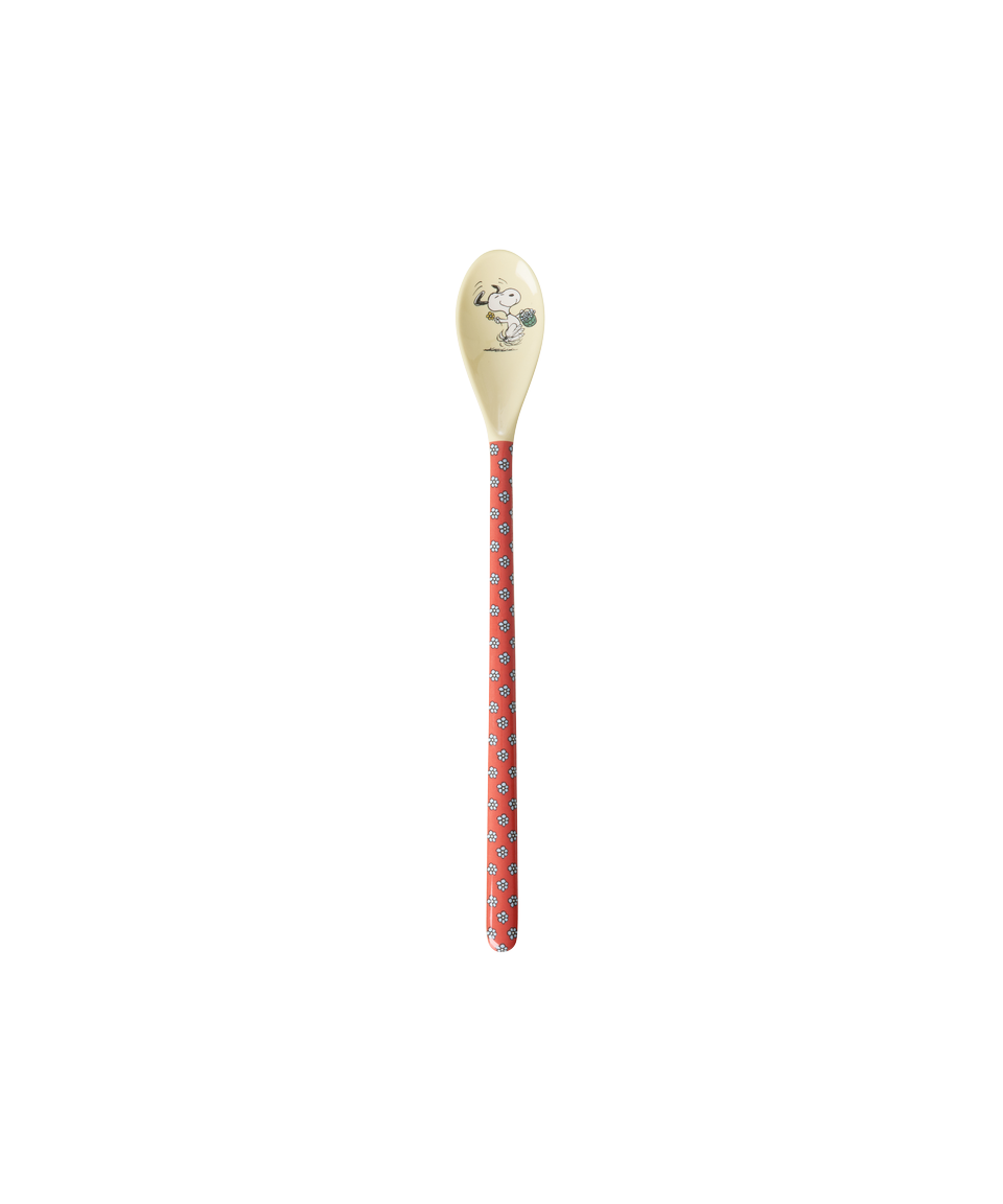 Single Snoopy melamine latte spoon with red patterned shaft and cream head