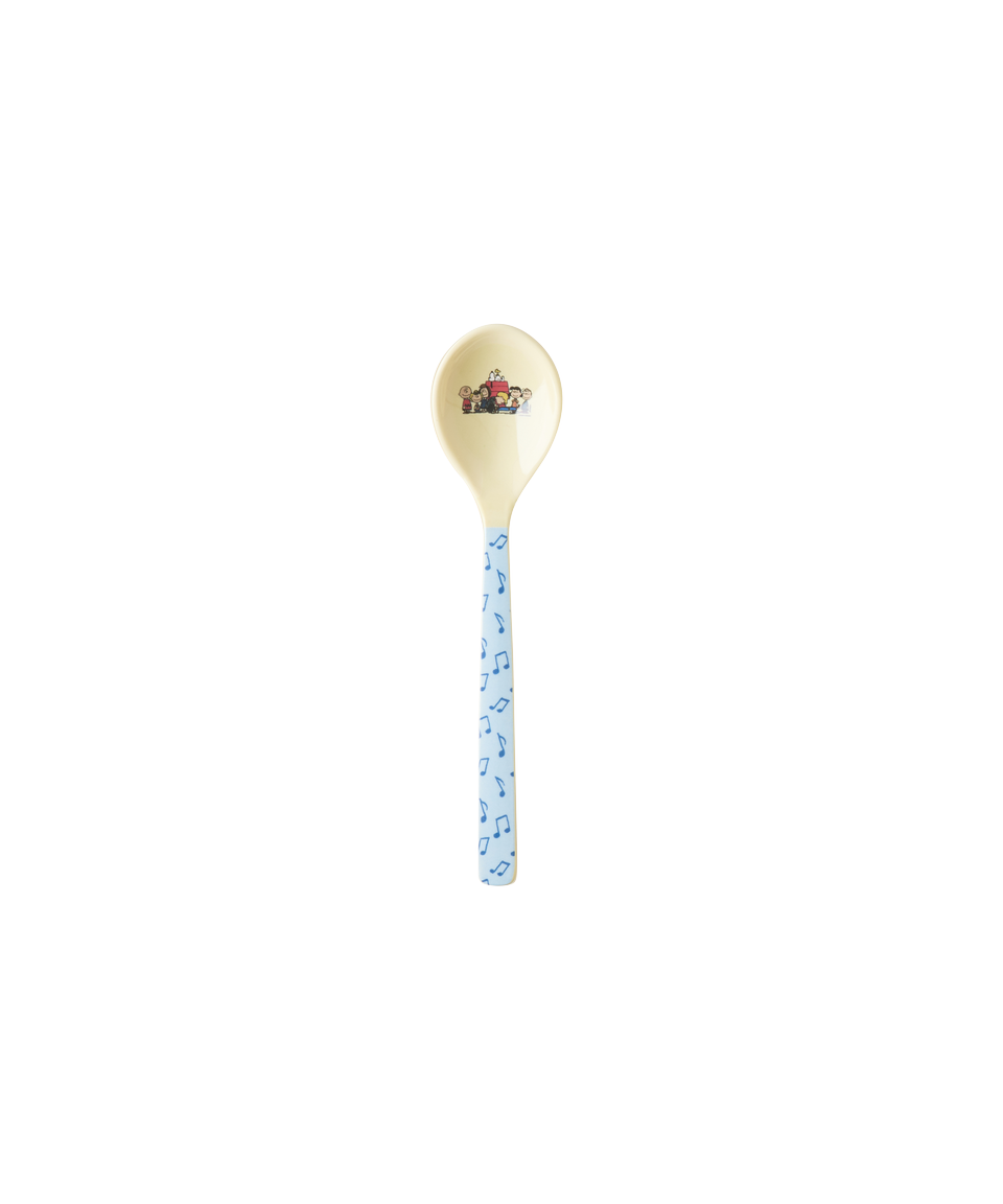 Single melamine teaspoon with Snoopy face on cream head and blue patterned handle