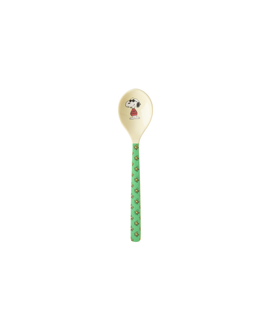 Single melamine teaspoon with Snoopy face on cream head and green patterned handle