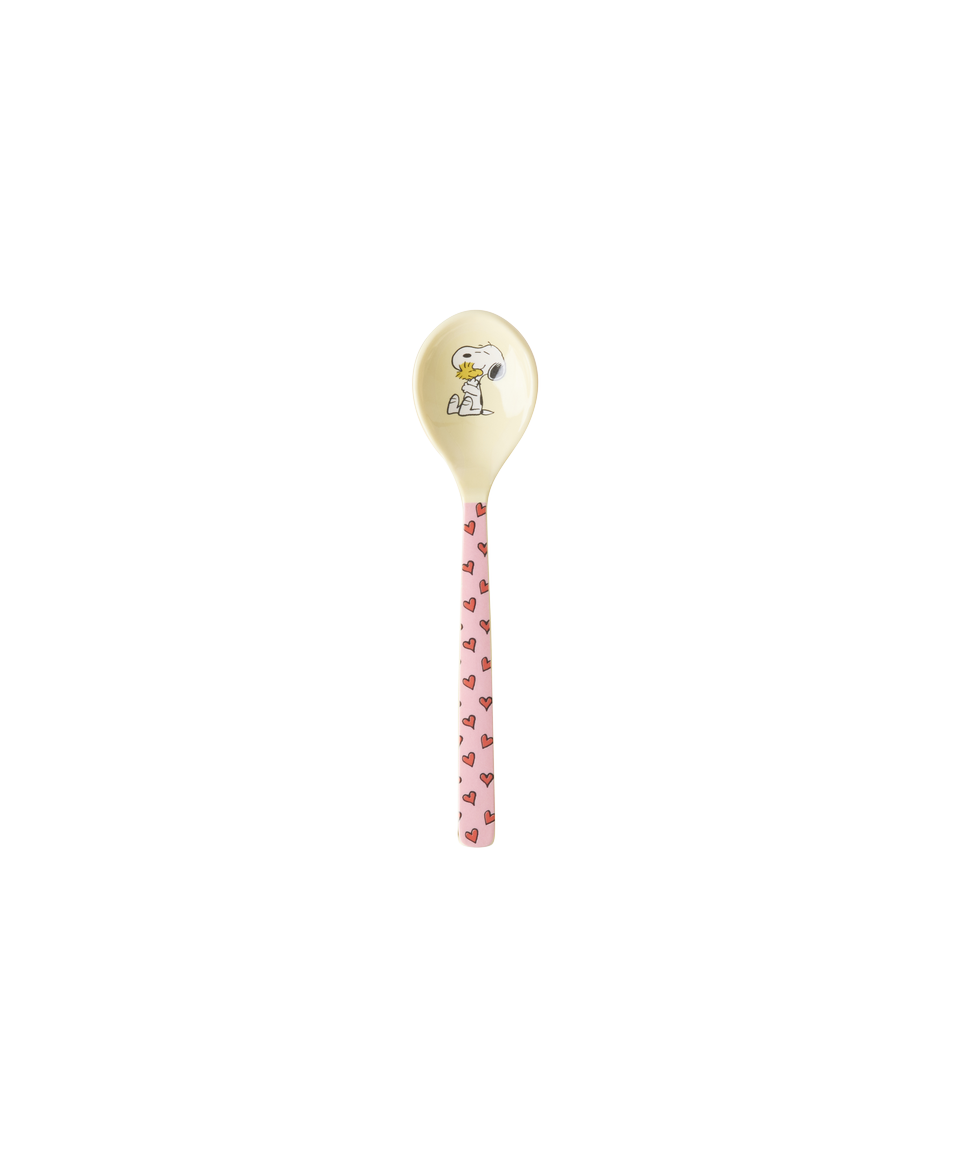 Single melamine teaspoon with Snoopy face on cream head and pink heart-pattern handle