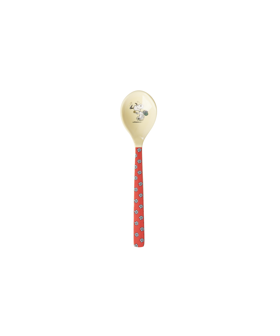 Single melamine teaspoon with Snoopy face on cream head and red patterned handle