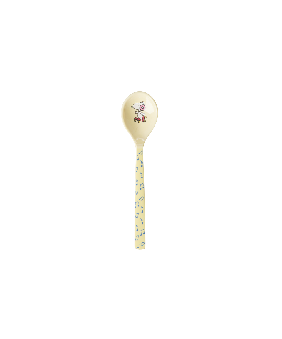 Single melamine teaspoon with Snoopy face on cream head and light yellow patterned handle