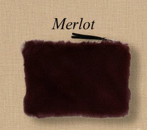 Burgundy faux fur zip pouch with black zipper