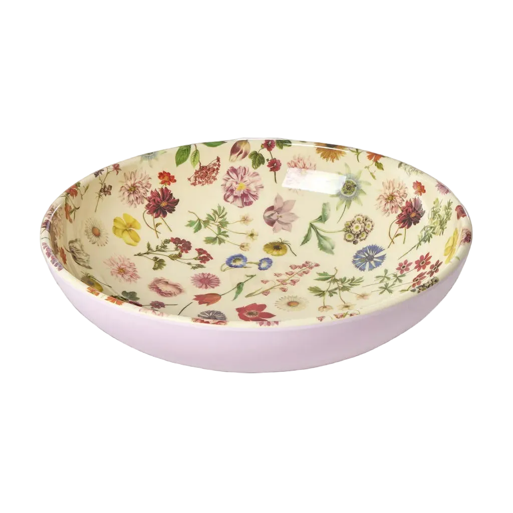 Low melamine salad bowl with oval shape, white base, and colorful floral dream print