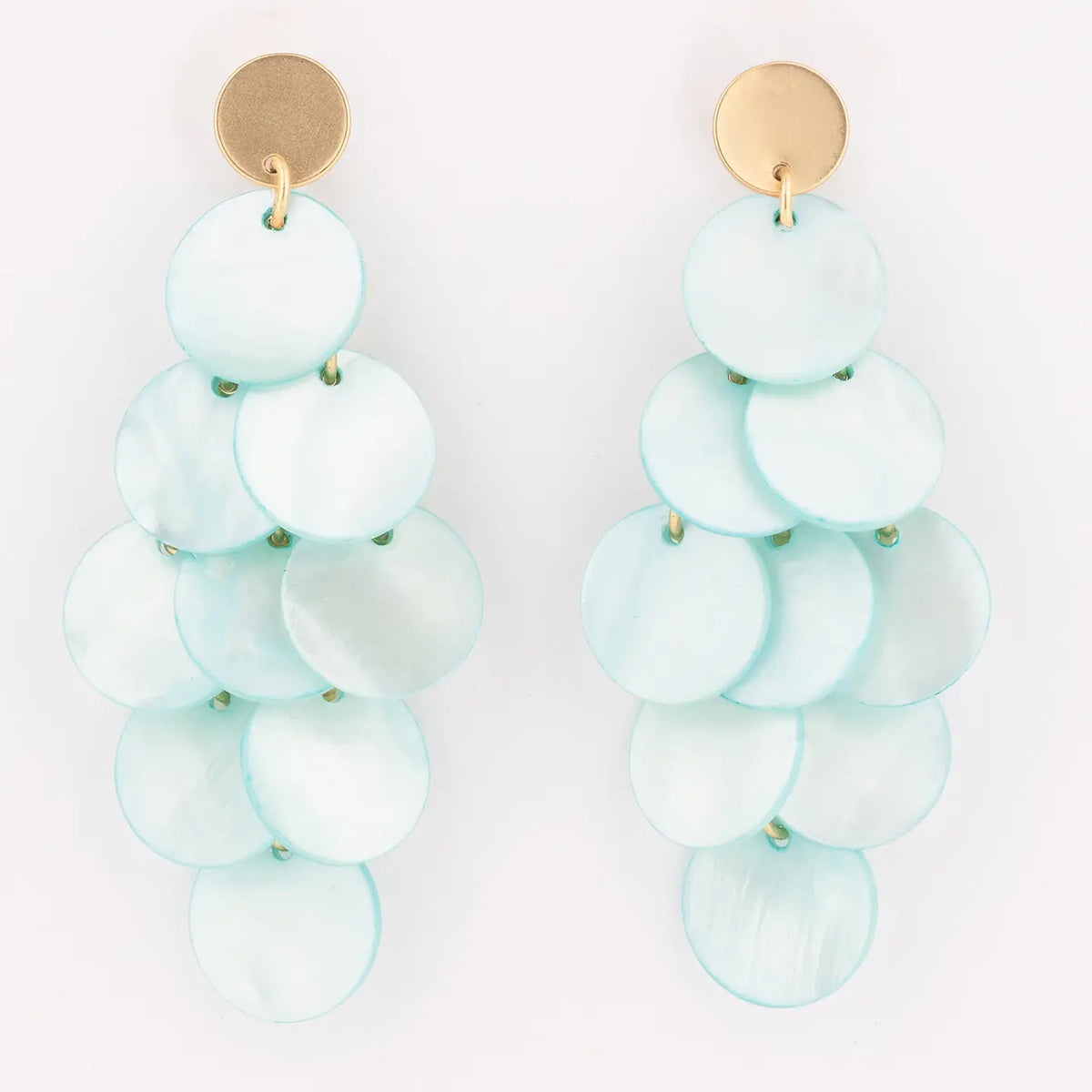 Gold-tone drop earrings with layered light blue circular discs and scalloped edges