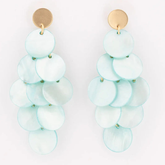 Gold-tone drop earrings with layered light blue circular discs and scalloped edges