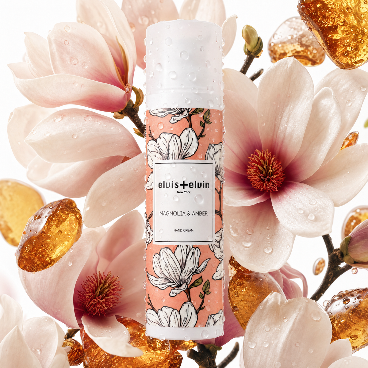 elvis+elvin hand cream bottle with magnolia and amber floral print