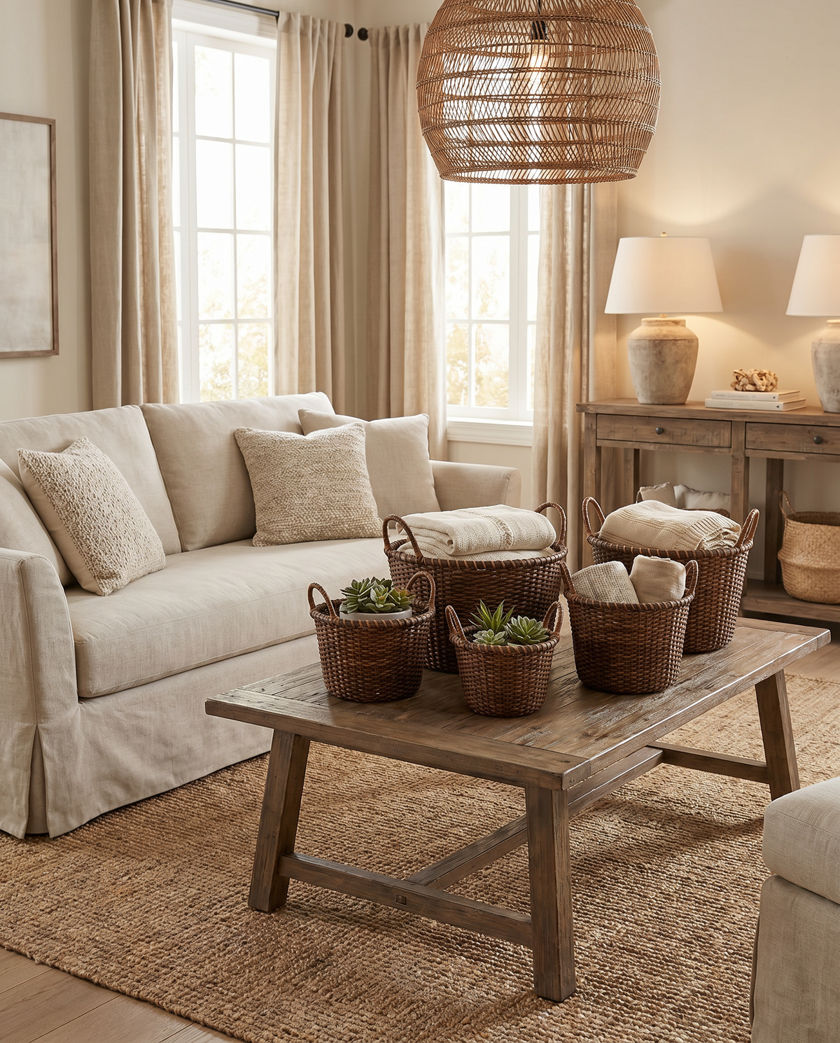 Woven rattan produce baskets with loop handles on a coffee table